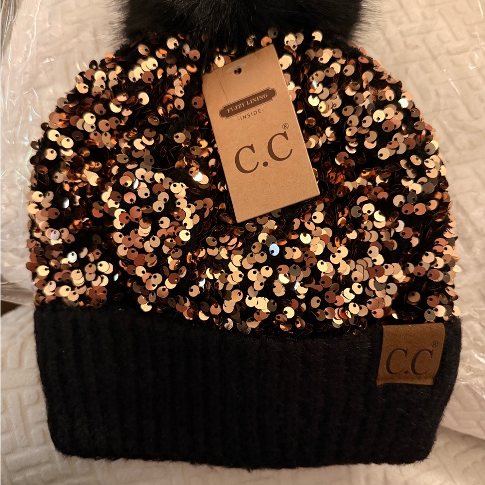 C.C Sequin Pom Beanie in Gold and Black
